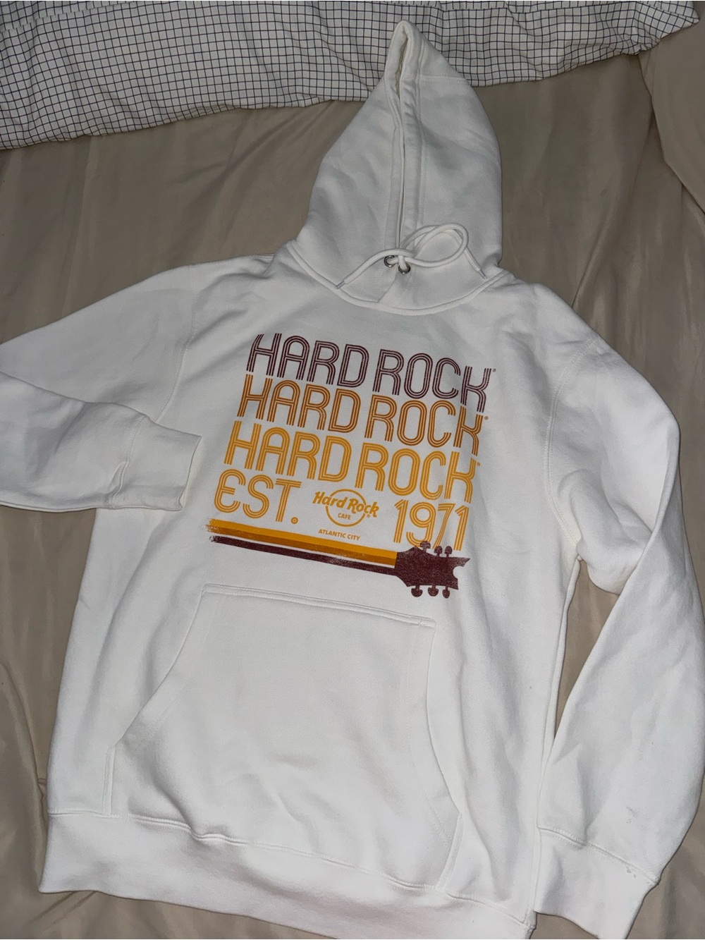 Hard Rock Cafe White Hoodie with Yellow and Brown Logo
